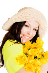 spring beautiful woman holding flowers over white