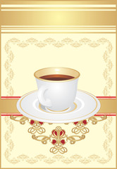 Cup with coffee on the decorative ornament. Wrapping. Vector