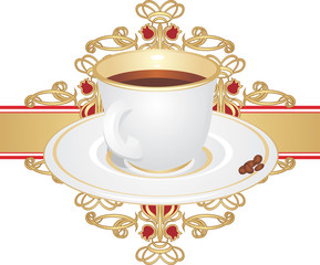 Cup with coffee and corns on the decorative ornament. Vector