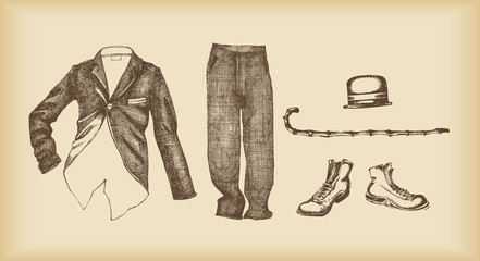 clothes set -pants. shoes, tuxedo, cane, hat