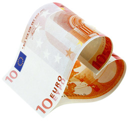 billet coeur de 10 euros, fond blanc