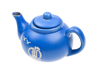 Close-up blue ceramic teapot  isolated on white