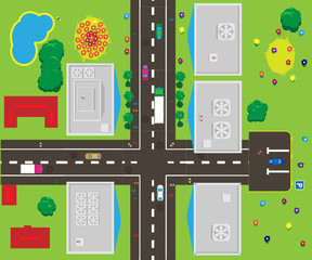 City with roads, sidewalks, parks.