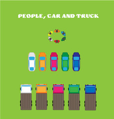 Color people, car and truck. Top view.