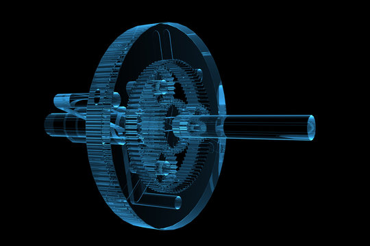 3D rendered blue xray transparent planetar gear