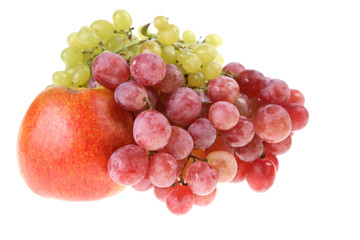 Grapes clusters and apple. isolated. white background.
