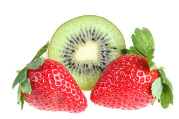 Kiwi and strawberry. It is isolated on white background.
