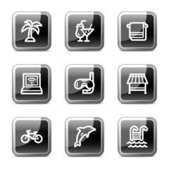 Vacation web icons, black square glossy buttons series