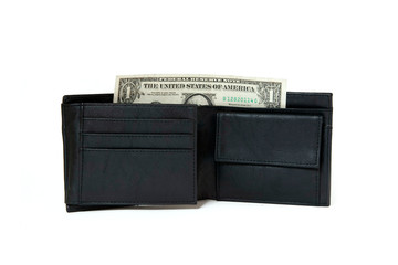 black leather wallet with dollar isolated on white