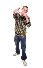 The young man goes and speaks in a microphone