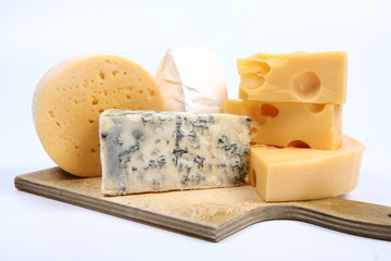 Various types of cheese (swiss, yellow, brie, blue cheese)