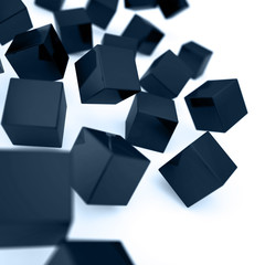 Falling and hitting dark blue cubes on a white