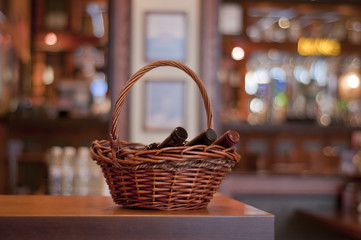 basket with wine bottles