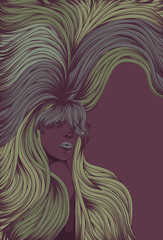 Woman's face with long detailed flowing hair