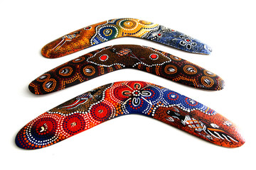 Australian Boomerang with beautiful design. Isolated on white