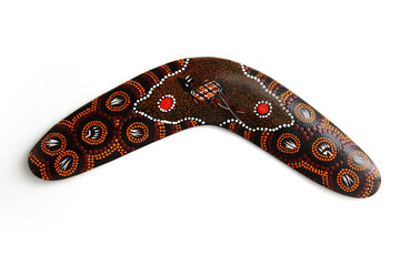 Australian Boomerang with beautiful design. Isolated on white