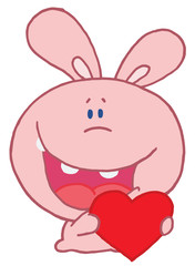 Pink Rabbit Laughing And Holding a Red Heart Love