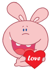 Pink Rabbit Laughing And Holding a Red Heart Love