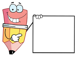 Pencil Cartoon Character Presenting A Blank Sign