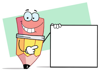 Pencil Cartoon Character Presenting A Blank