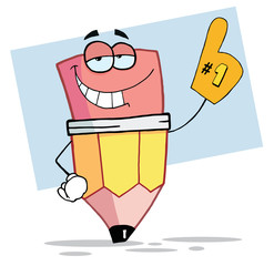 Pencil Cartoon Mascot Character Is Number One