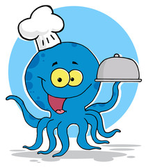 Octopus Chef Serving Food In A Sliver Platter