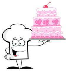 Chefs Hat Character Holding Up A Beautifully Decorated Cake