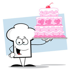 Chefs Hat Character Holding Up A Beautifully Decorated Cake