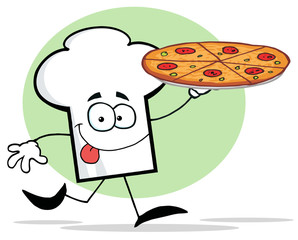 Chefs Hat Character Holding And Running With Pizza