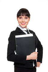 smiley secretary with folder of documentations
