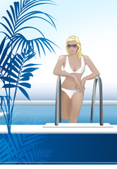 Donna abbronzata in piscina con fogliame e fascia blu