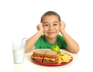Kid with a healthy sandwich meal, isolated