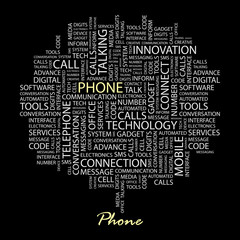 PHONE. Word collage on black background.