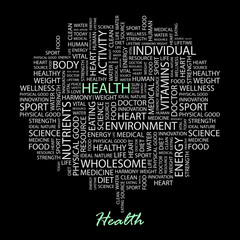 HEALTH. Illustration with association terms in black background.