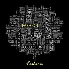 FASHION. Word collage on black background.