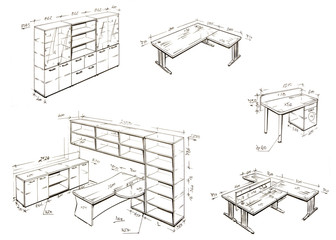 Modern interior design freehand drawing.
