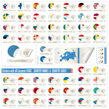 stickers with all european  flags, country names end codes