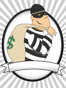 Portrait of Burglar holding bag of money flashlight oval banner