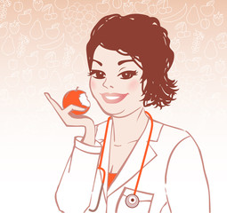 Doctor with apple, diet concept, vector illustration