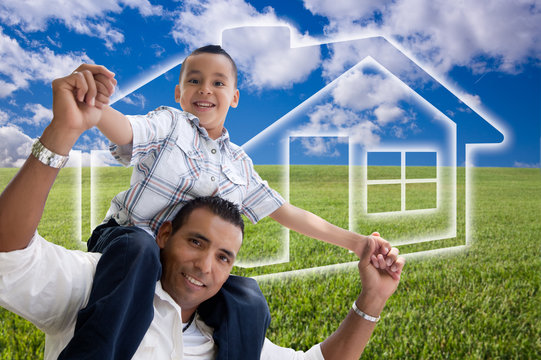 Father and Son Over Grass Field, Clouds, Sky and House Icon
