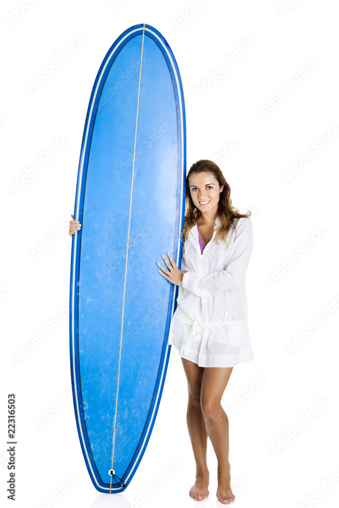 Poster woman with a surfboard