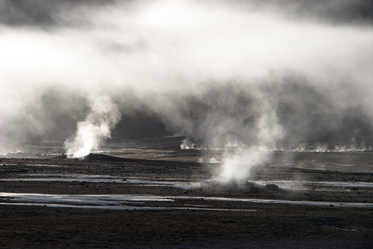 Mist rising from geyser field, Chile