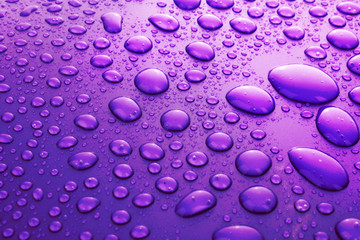 Violet water drops background with big and small drops