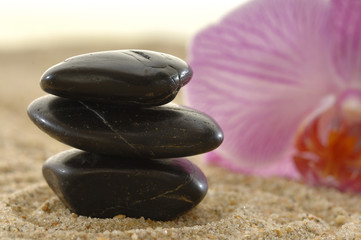 Steine Hot Stones mit Blüte Orchidee auf Sand