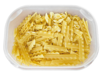 Pasta in plastic container.