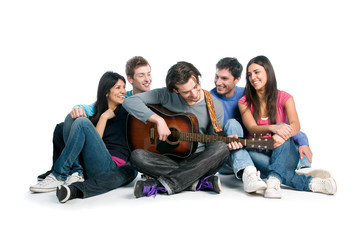 Friends have fun together and playing guitar