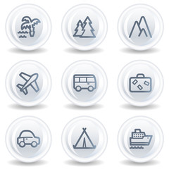 Travel web icons set 1, white glossy circle buttons