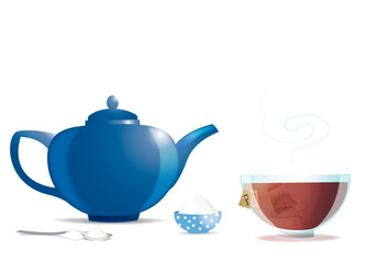 Théière bleue et bol de thé sur fond blanc