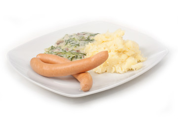 Wiener Würstchen mit Rübstielgemüse und Kartoffelpüree