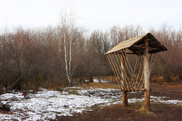 Wild animals feeding-trough for hay in the late autumn forest